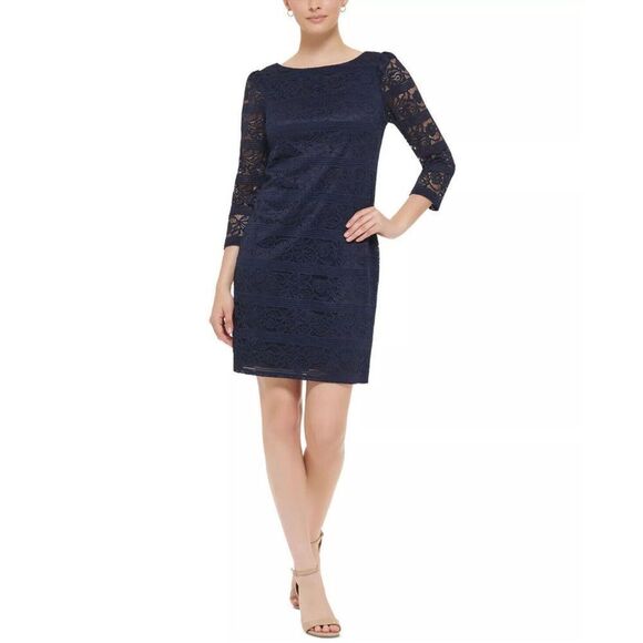 Jessica Howard Lace Overlay 3/4 Sleeve Elegant Navy Lace Sheath Dress Size 8 - Picture 1 of 11